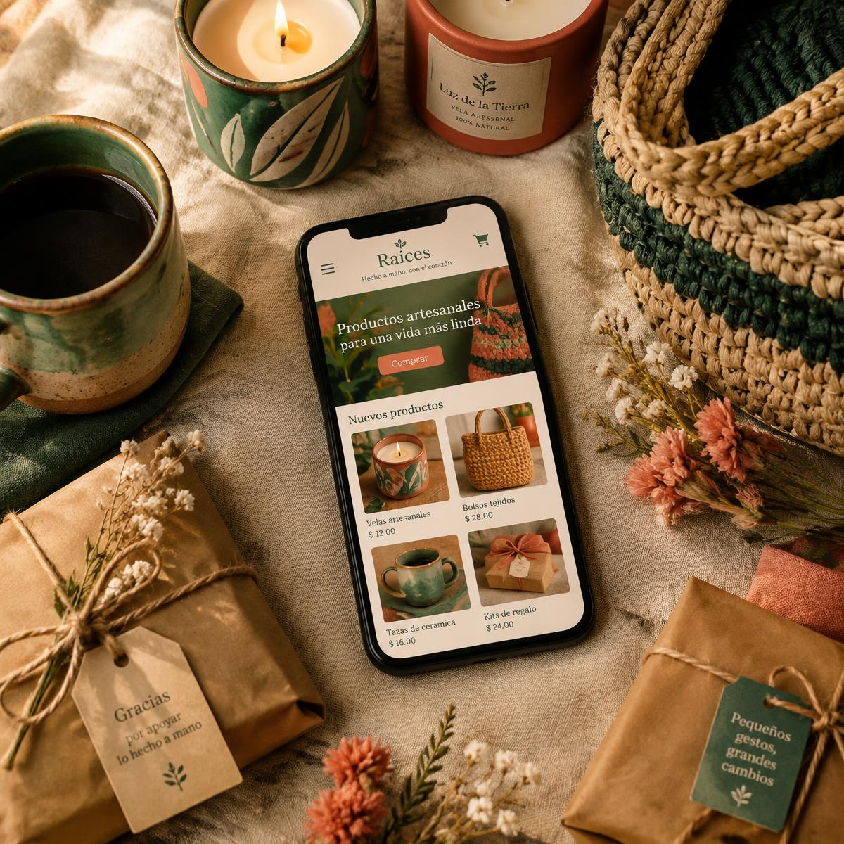 Celular con una mini tienda rodeado de productos artesanales